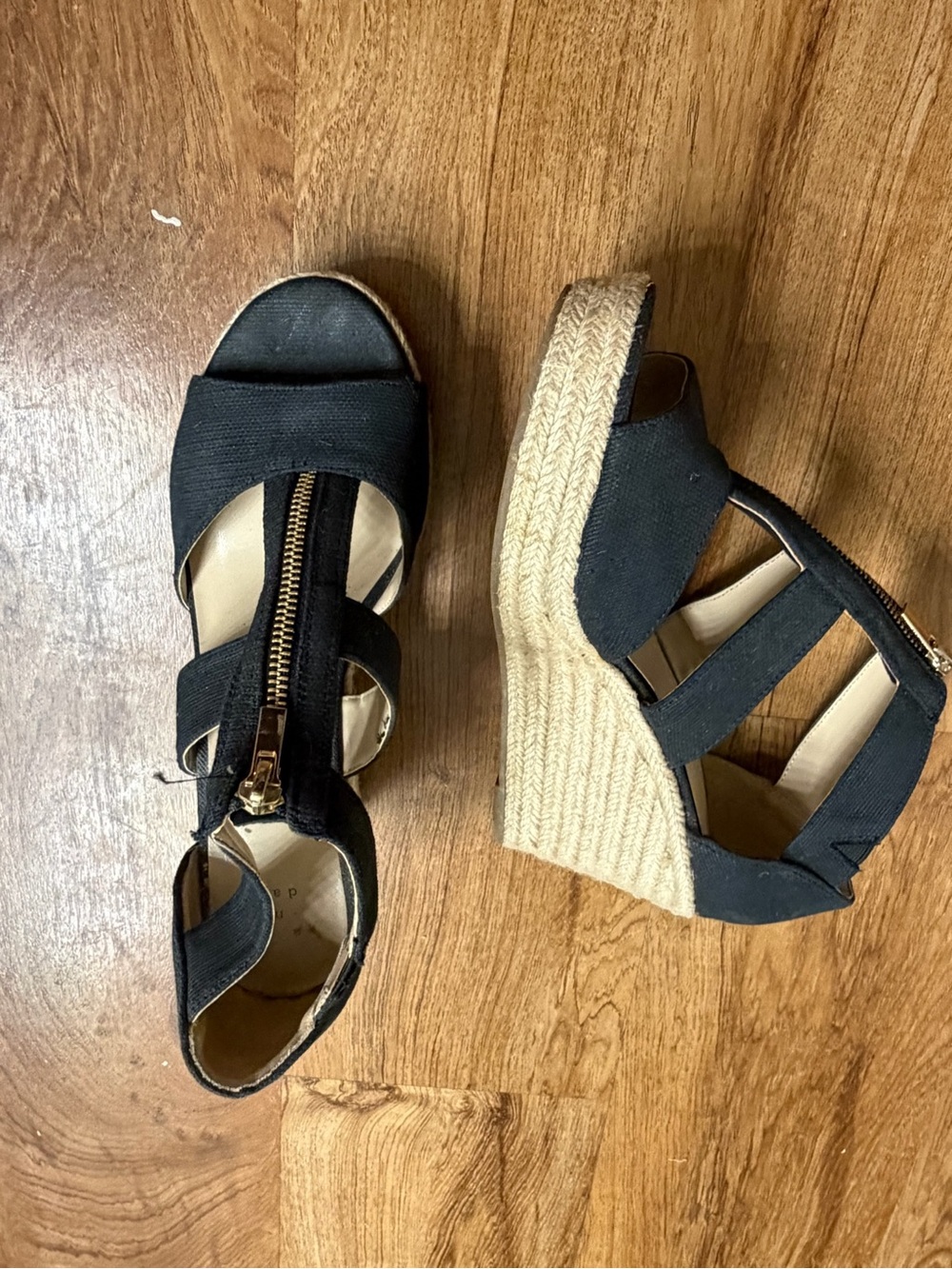 A New Day Black Espadrille Wedge Sandals with Front Zip, size 9